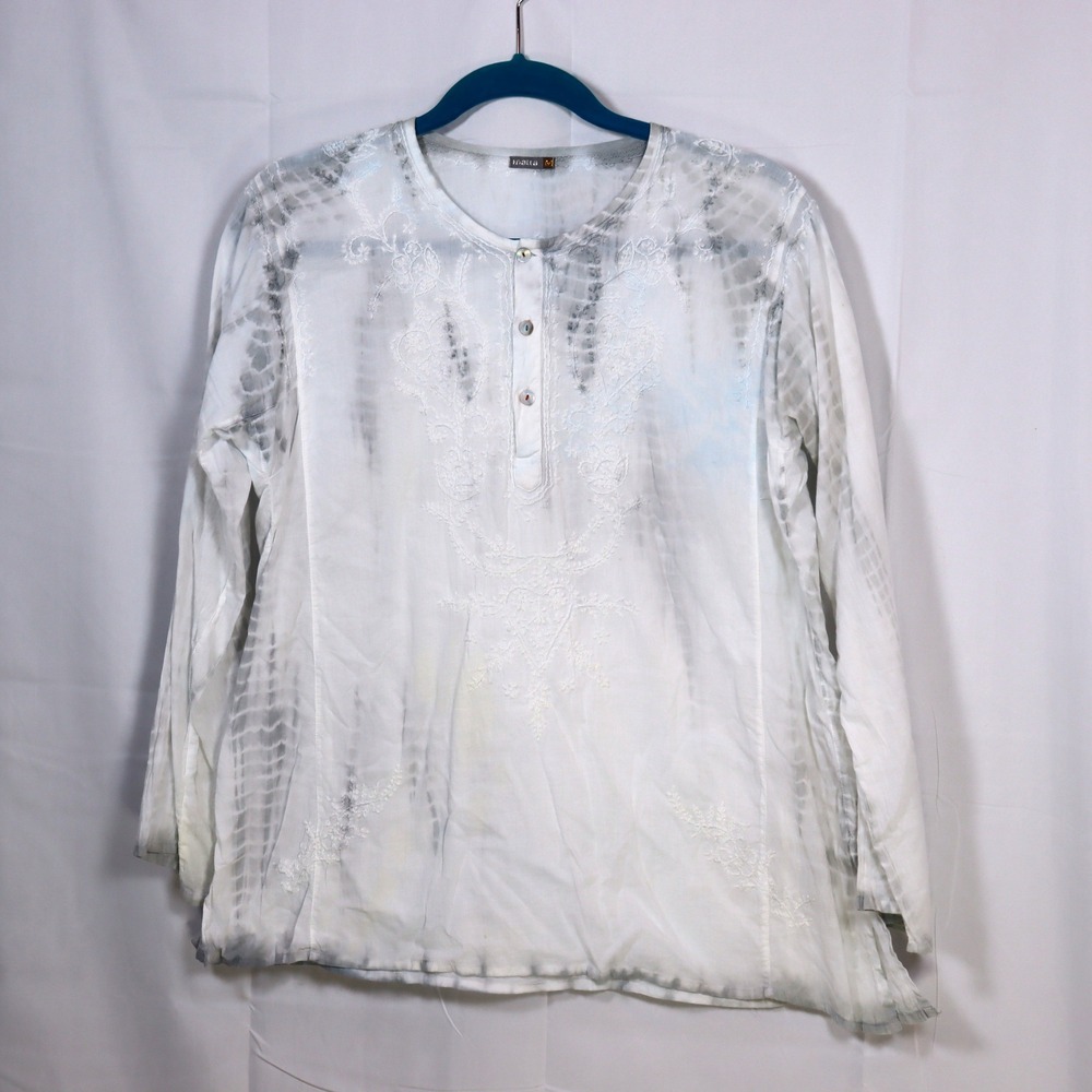 Marta Henley Blouse M White Gray Tie Dye Womens Embroidered Boho Tunics